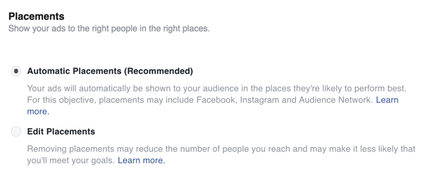 Valitse sijoittelut Facebook-mainoksellesi.