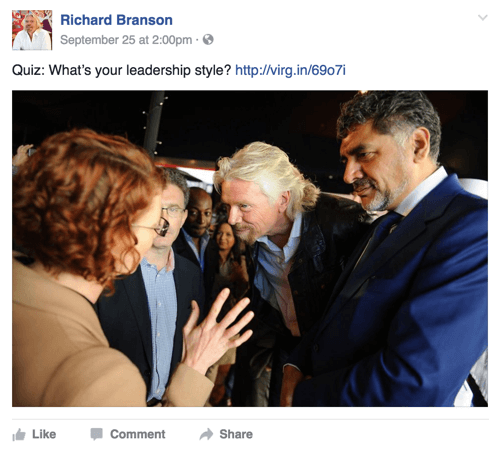 richard branson facebook-viesti tietokilpailulla