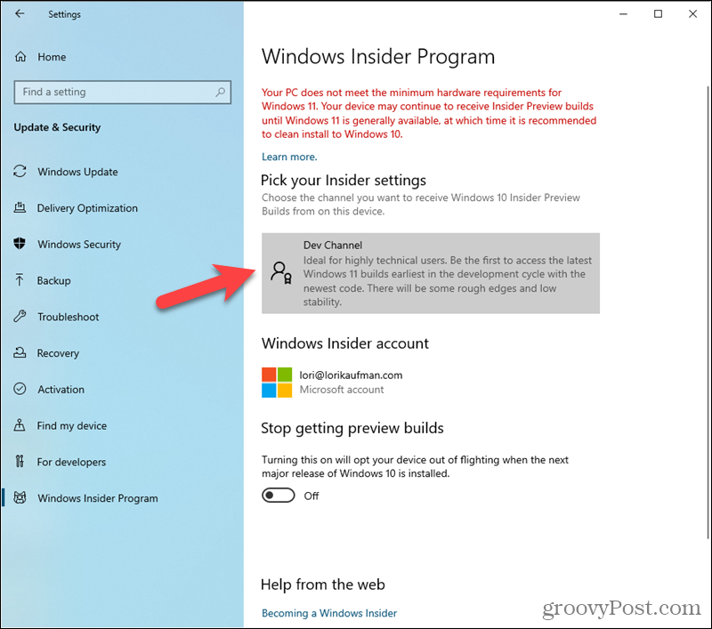 Kehittäjäkanava asetettu Windows Insider -ohjelman asetuksissa
