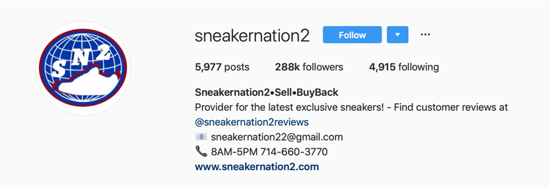 ensisijainen Instagram-tili SneakerNation2: lle
