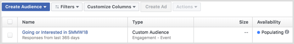 Facebook Ads Manager luo mainoksen mukautetulla yleisöllä