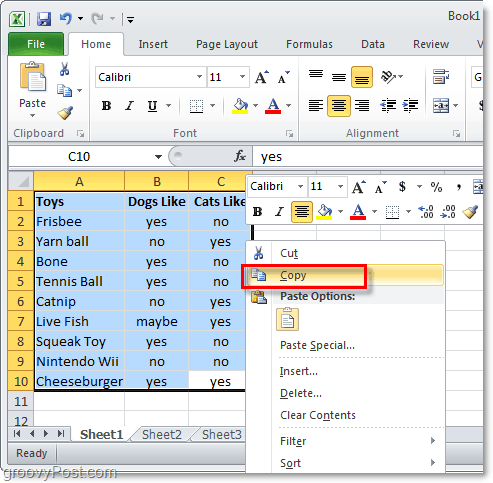 kopioi koko Excel 2010 -taulukko asettelun muuntamista varten