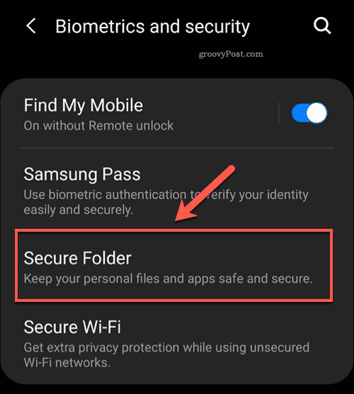 Android Secure Folder -valikkovaihtoehto