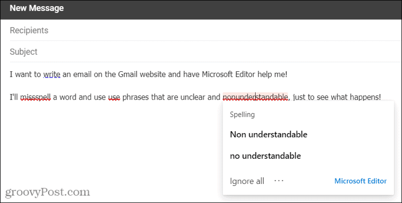 Microsoft Editor Gmailissa käyttämällä Edge-laajennusta
