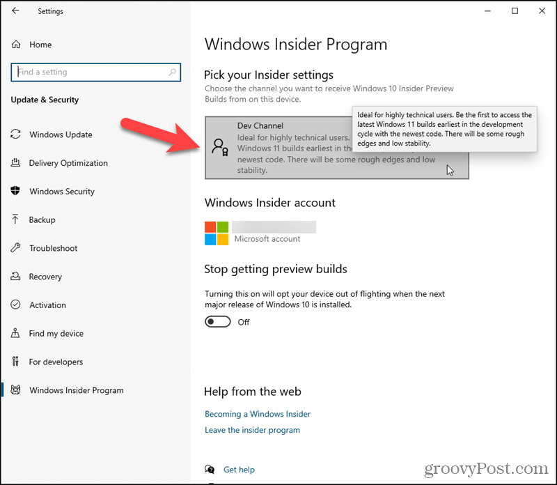 Napsauta kehittäjäkanavaa kohdassa Valitse sisäpiiriasetuksesi Windows 10: ssä