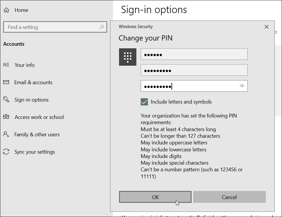 Erityismerkkien PIN-vaatimukset Windows 10