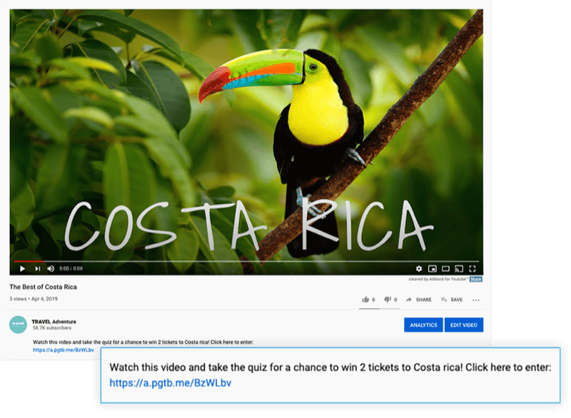 korostettu youtube-videokuvaus tarjouksella katsella video ja osallistua tietokilpailuun saadaksesi mahdollisuuden voittaa 2 lippua Costa Ricaan