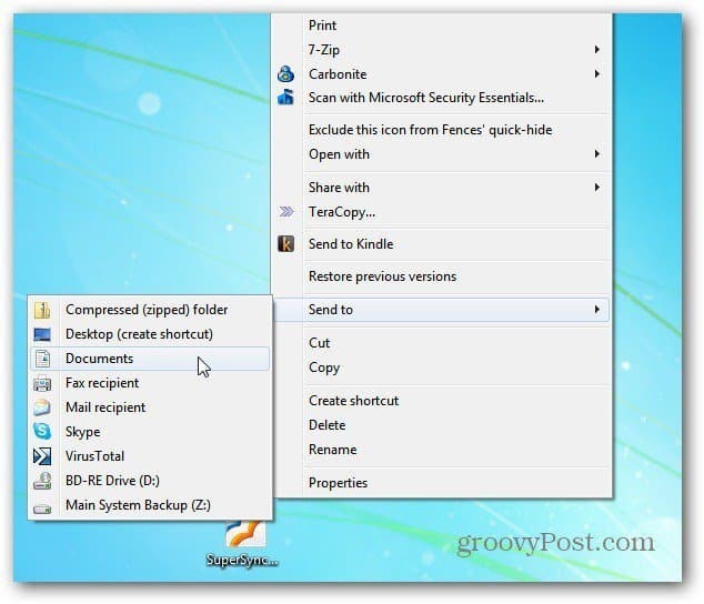 Windows 7 Napsauta hiiren oikealla painikkeella -valikkoa: Lisää kopio ja siirrä kansioon -komennot