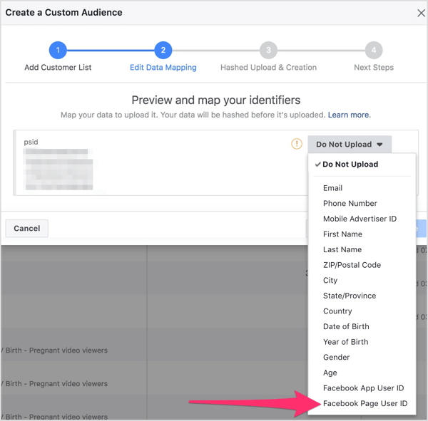 Valitse avattavasta valikosta Facebook-sivun käyttäjätunnus.