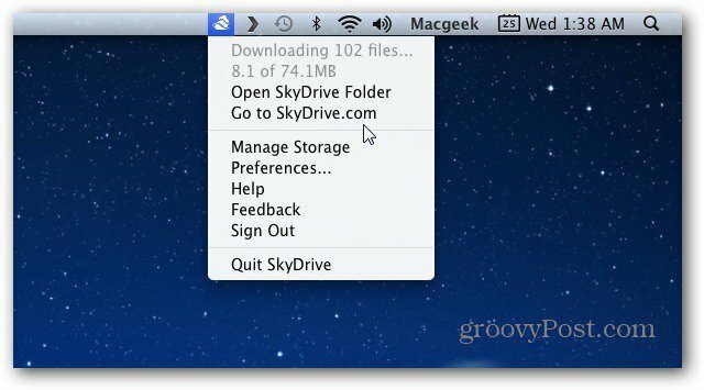 Mac-valikkopalkki SkyDrive-kuvake