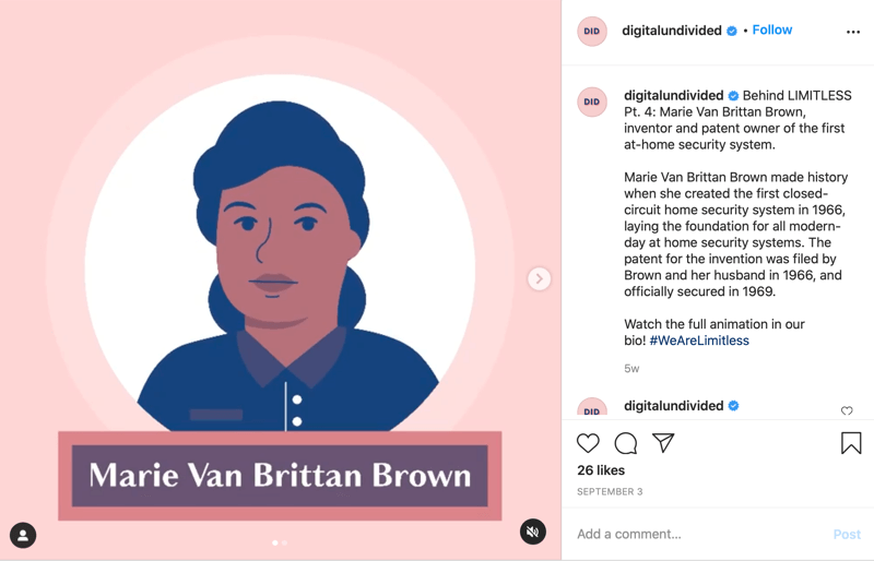 esimerkki katkelmasta mp4-viesti, joka on jaettu instagramiin ja jossa korostetaan marie van brittan brown pt: nä. 4 sarjassa #wearelimitless