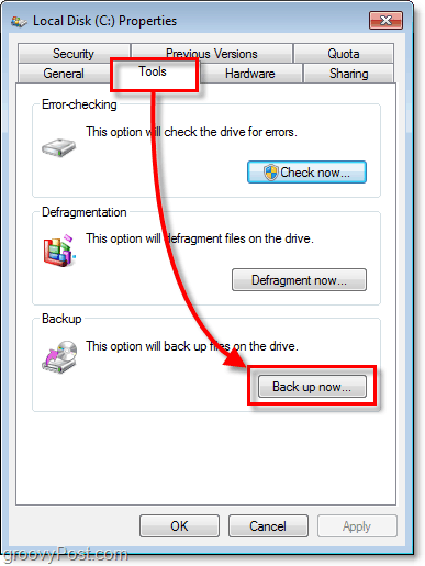 Windows 7 Varmuuskopiointi - Työkalut-välilehti ominaisuuksista ja Varmuuskopioi nyt -painike
