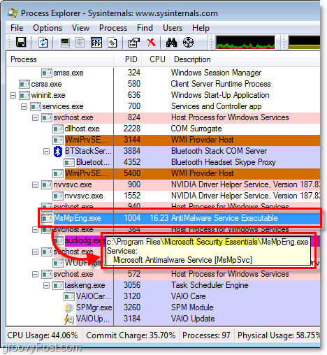 msmpeng.exe Windows 7 -prosessin tutkijassa