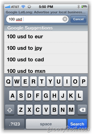 Google.com-valuutanmuunnin iPhone Mobilella