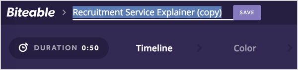 Valitse alustava otsikko ja kirjoita nimi Biteable-videollesi.