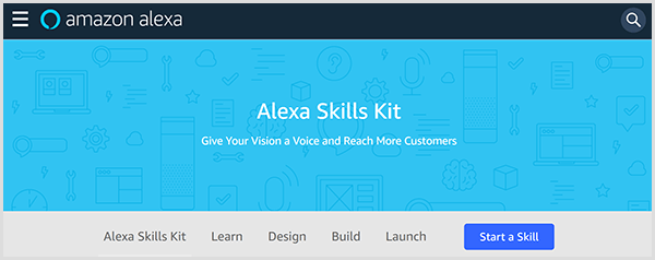 Amazon Alexa Skills Kit -sivusto esittelee työkalun ja sisältää välilehtiä, joissa voit oppia, suunnitella, rakentaa ja käynnistää taitoja Alexalle. 
