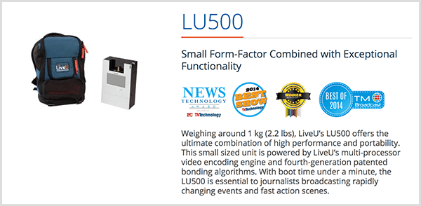 Luria Petrucci käyttää LU500-reppua suorien irl-videoiden suoratoistoon Twitchissä. LiveU-myyntisivun mukaan tällä suoratoistolaitteella on pieni muodotekijä yhdistettynä poikkeukselliseen toimintaan. Tämän kuvauksen alla näkyy useita tuotepalkintoja.