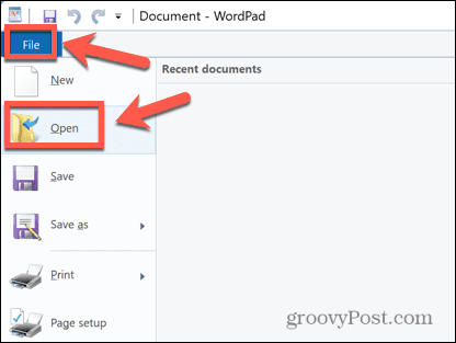 avaa tiedosto Wordpad