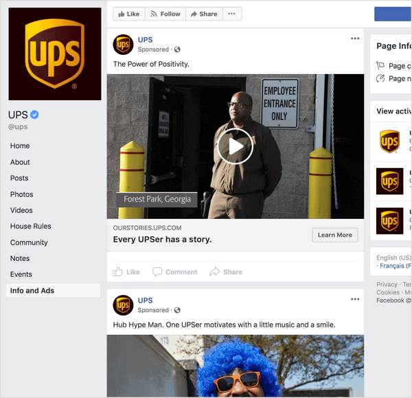 Jos katsot UPS: n Facebook-mainoksia, on selvää, että he käyttävät tarinankerrontaa ja tunnepitoisuutta bränditietoisuuden rakentamiseen.