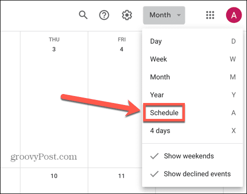 google kalenteri valitse aikataulunäkymä