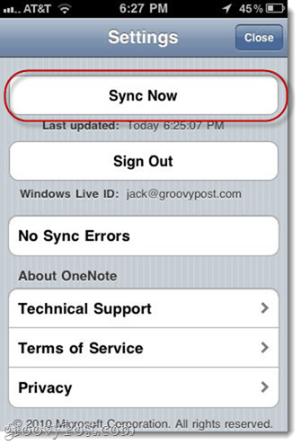 Synkronoi manuaalisesti iPhone OneNote