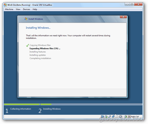 VirtualBox Windows 8 asentaa Windows-näytön