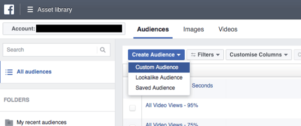 Napsauta Facebook Ads Managerissa Luo yleisö ja valitse avattavasta luettelosta Oma yleisö.