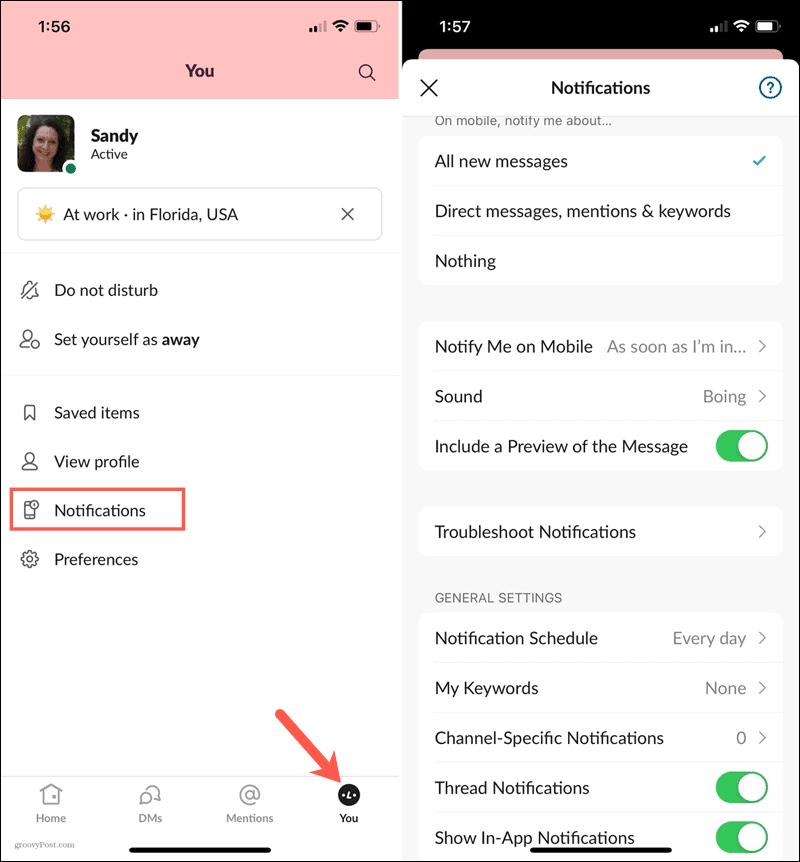 Ilmoitukset Slack on Mobile -sovelluksessa