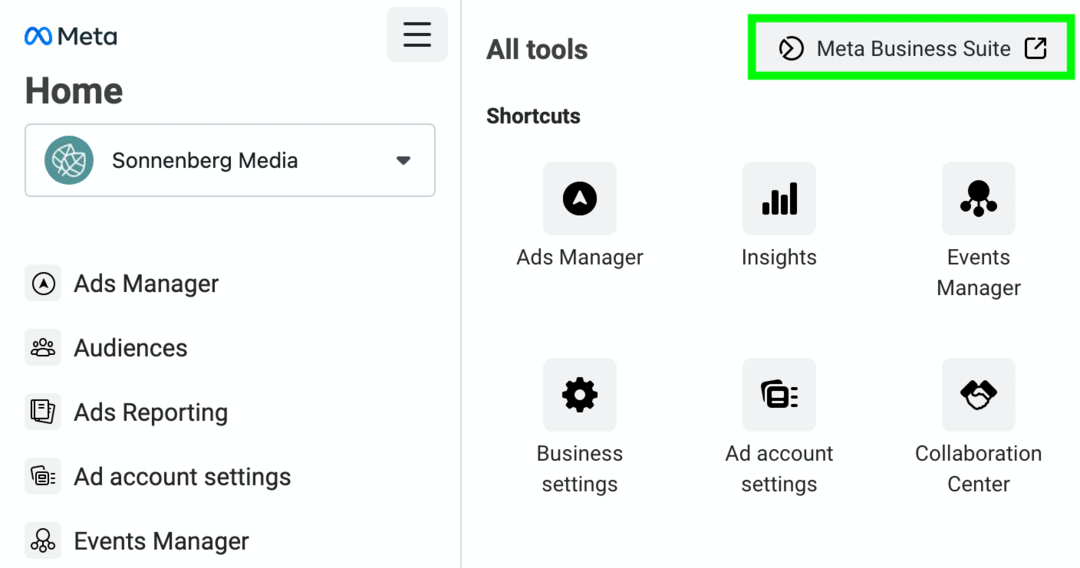 kuva linkistä Meta Business Suiteen Kaikki työkalut -valikosta