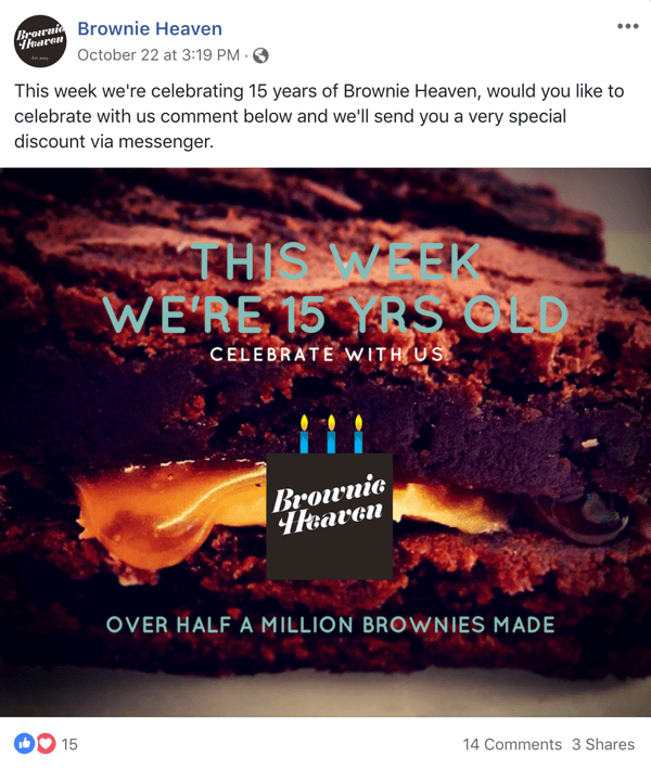 Esimerkki Facebook-viestistä, jossa on tarjous Brownie Heavenista.