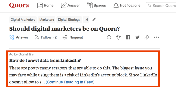 Esimerkki markkinoinnista Quorassa maksullisella mainoksella.