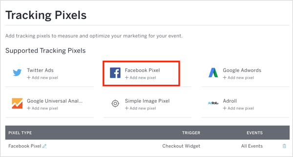 Napsauta Eventbriten kohdassa Facebook Pixel ja kirjoita pikselitunnuksesi ja muut tiedot.