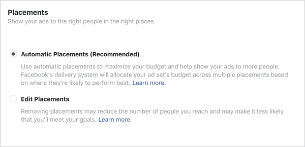 Automaattinen sijoittelu -vaihtoehto valittu Facebook-kampanjalle