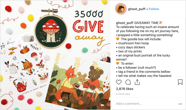 Taiteilija ghost_puff käyttää ystävällistä, relatoituvaa postitustyyliä, joka kutsuu yhteisöä keskustelemaan Instagramissa.