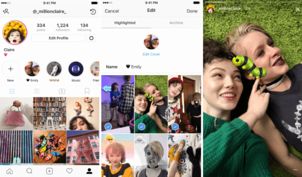 Instagram Stories Highlights -toiminnon avulla käyttäjät voivat valita ja ryhmitellä aikaisemmat tarinat nimettyihin kokoelmiin.