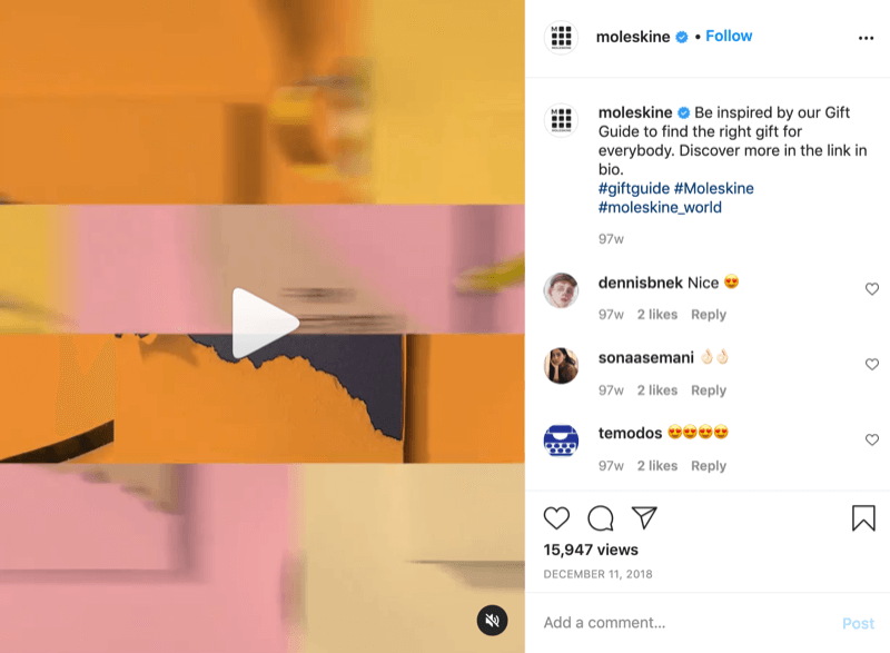 esimerkki instagram-lahjaideo-videopostista @moleskine -palvelusta ja toimintakehotus, joka ohjaa katsojat linkkiin biossa
