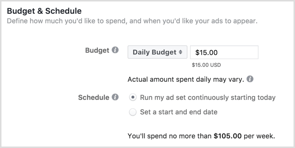Facebook-mainosten budjetti ja aikataulu