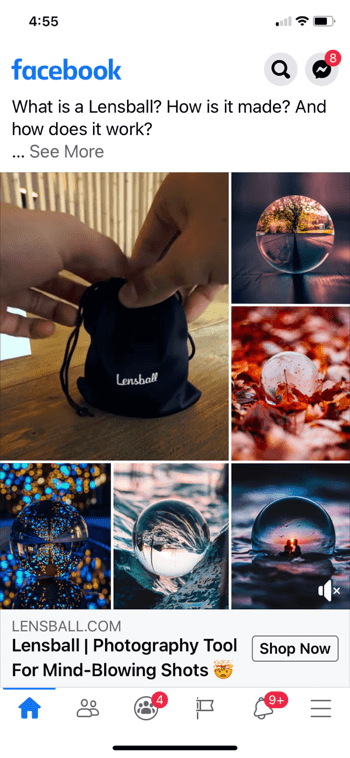 esimerkki facebook-kollaasista linssipalloa varten, tuote näytetään pienessä mustassa kiristysnauhassa yhdessä 5 esimerkkikuvaa tuotteesta, jota käytetään kuvissa
