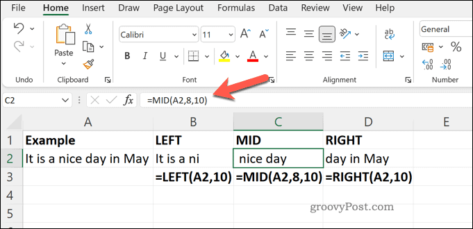 Esimerkki MID RIGHT ja LEFT -funktioista Excelissä