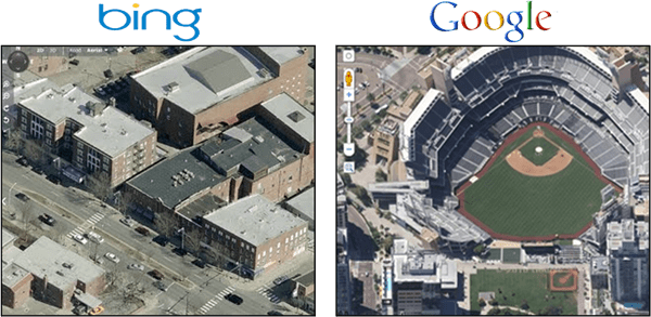 Google Maps yläpuolella 45 asteen näkymä vs. Bing Birds Eye