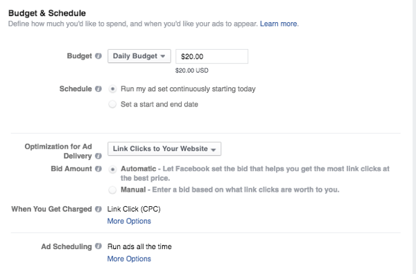 facebook-mainosten budjetti ja aikataulu