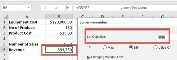 Aseta tavoite -solu Solver for Excel -sovelluksessa