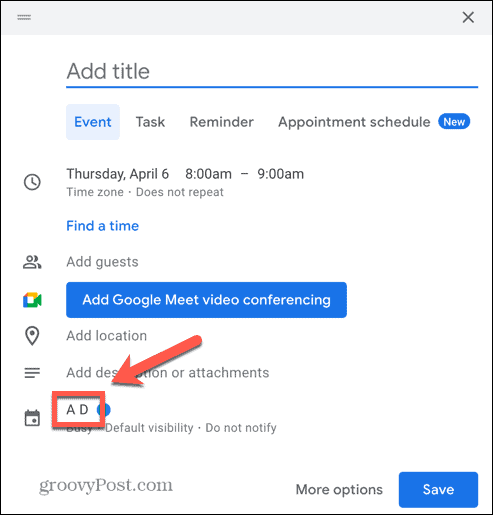 Google-kalenterin tapahtumakalenterivaihtoehdon kuvakaappaus