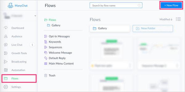 Napsauta Uusi Flow-painiketta ManyChatin Flows-välilehdessä.