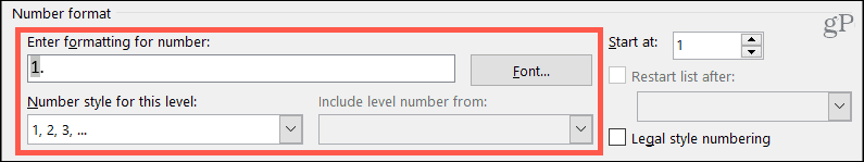 Numeromuodon asetukset monitasoisille luetteloille Wordissa