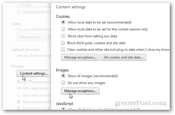 Chromen yksityisyys> sisältöasetukset> kuvat> hallitse poikkeuksia