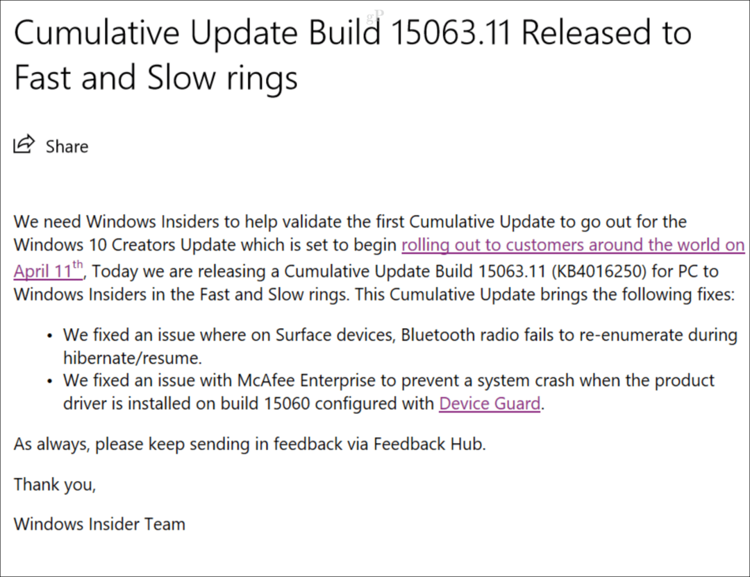 Ensimmäinen kumulatiivinen päivitys Windows 10 -tuotteiden päivittäjille julkaistu