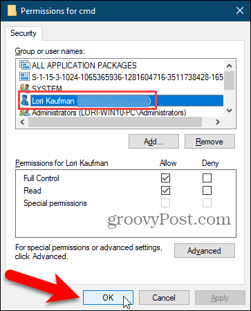 Sulje Käyttöoikeudet-valintaikkuna Windowsin rekisterissä