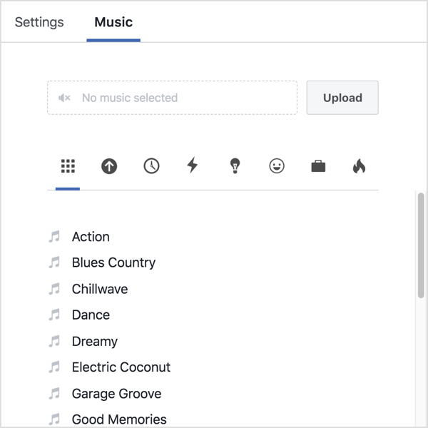 Napsauta Musiikki-välilehteä ja lataa joko oma äänesi tai valitse kappale Facebookin kirjastosta.