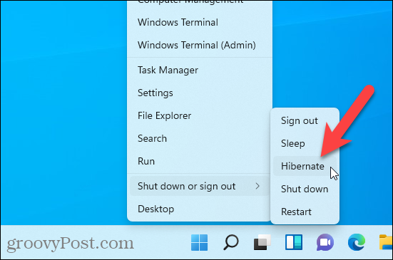 Lepotila -vaihtoehto käytettävissä Windows + X -valikossa Windows 11: ssä
